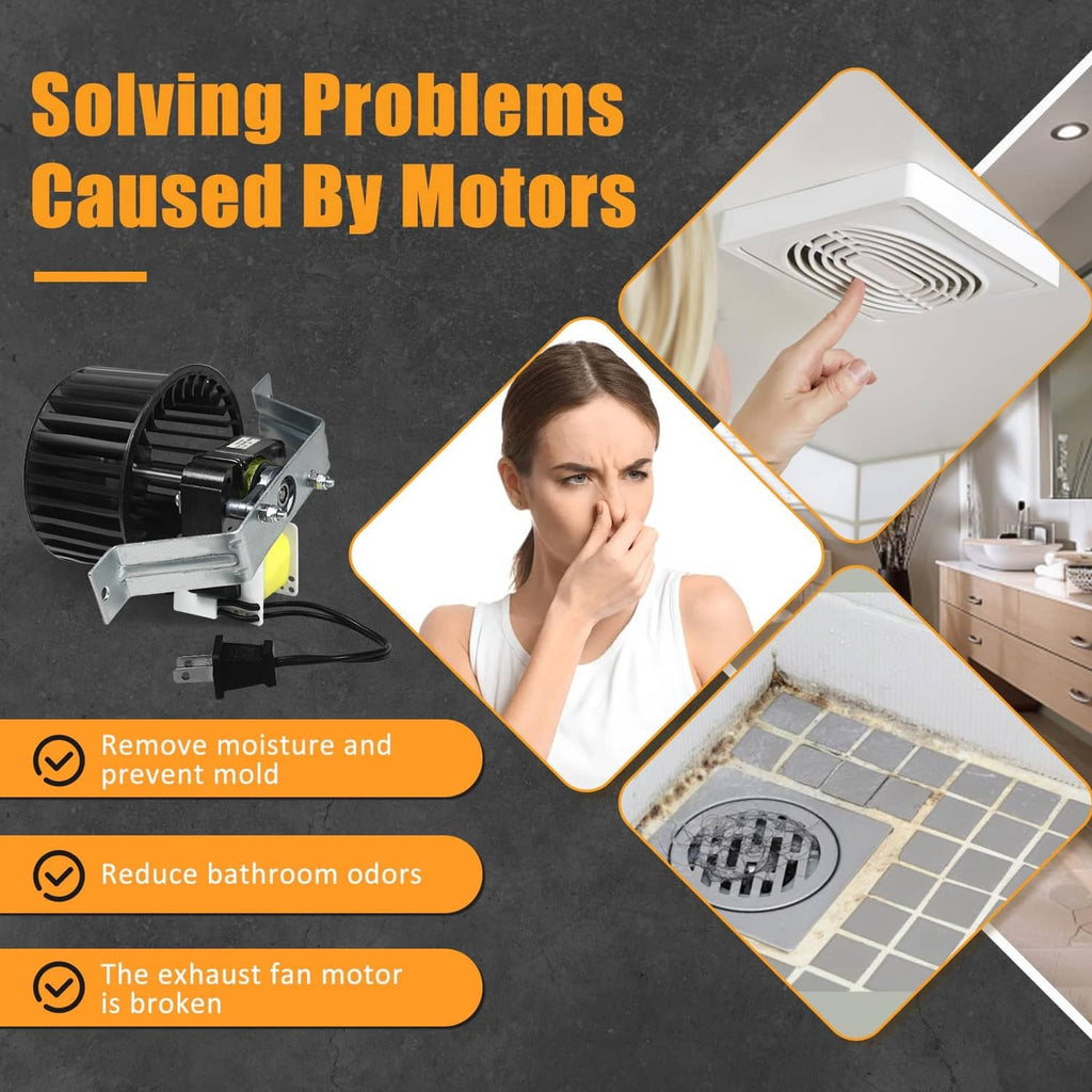Bathroom exhaust fan motor assembly with black fan wheel, bracket, and connected wiring