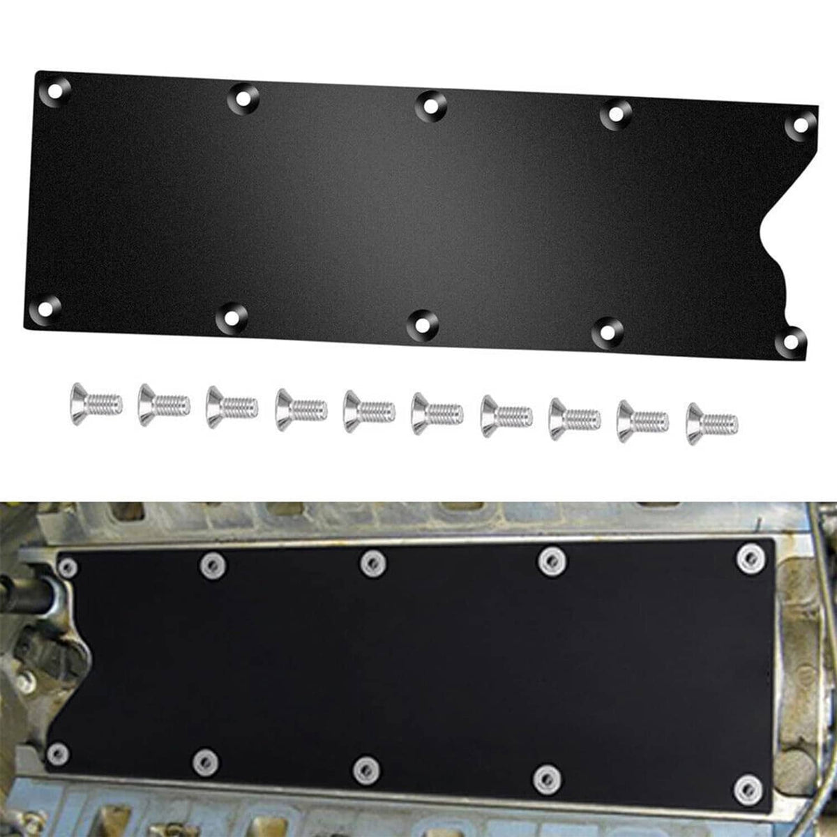 Black billet aluminum valley pan cover plate with mounting bolts on vehicle