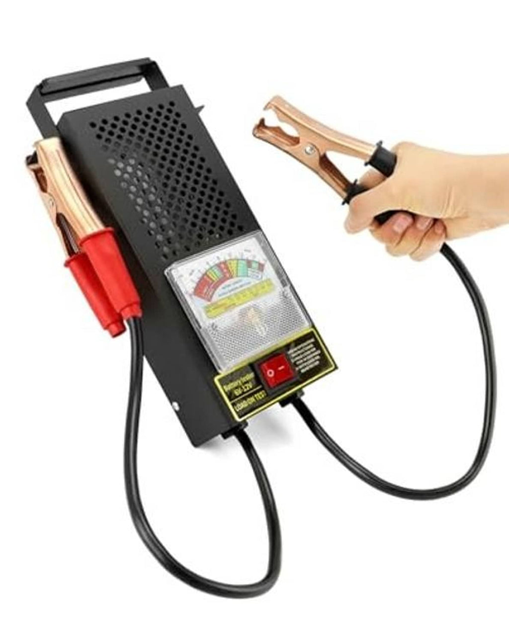 12V battery load tester with black housing, brass/black clamps and red leads