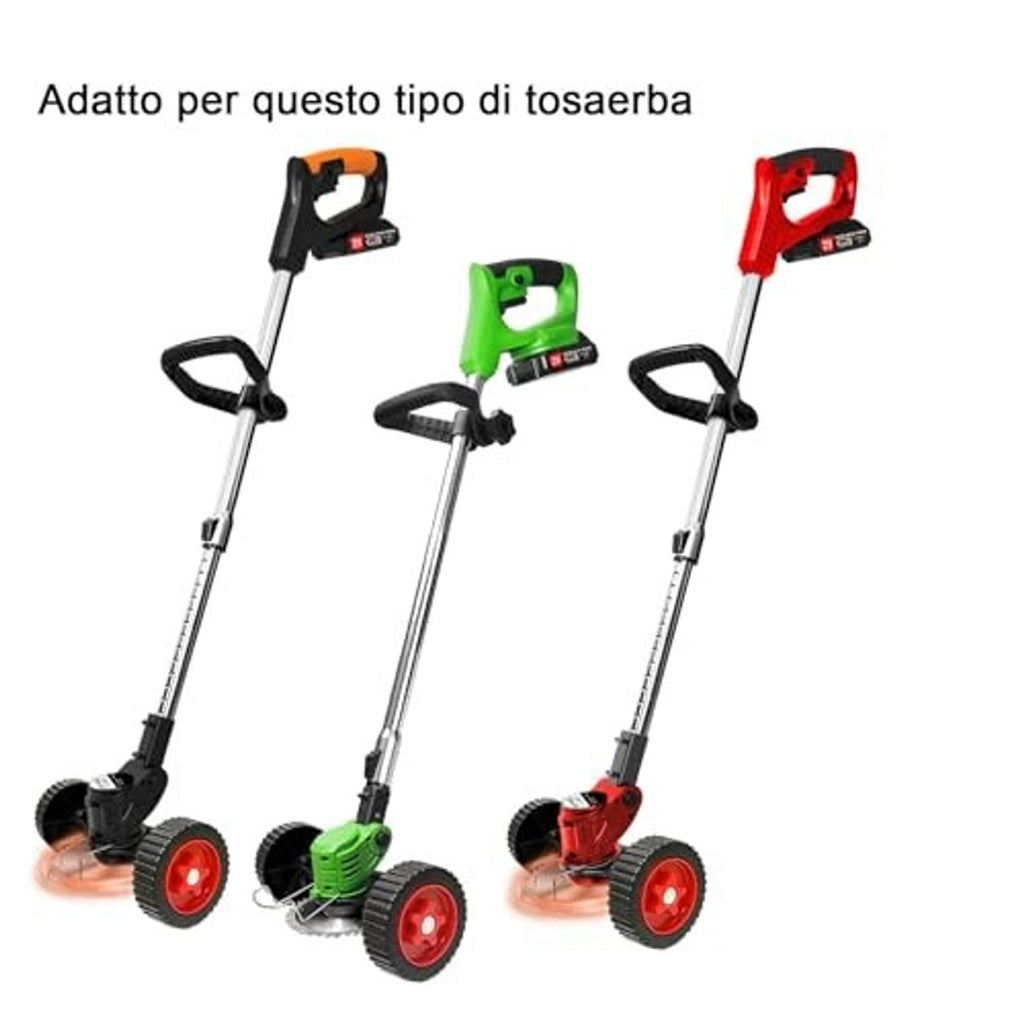 Cordless lawn trimmers with metal cutting head, orange red and green