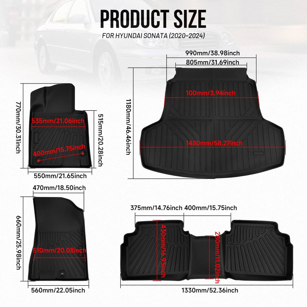 Black molded floor mats and trunk cargo liner with raised channel patterns