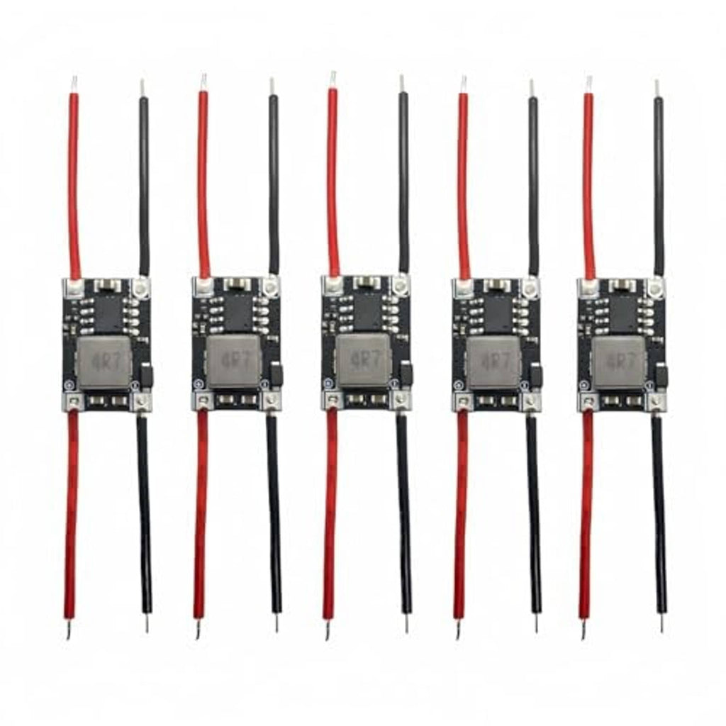 5-pack 3.3V buck converter modules, black PCBs with red and black wire leads