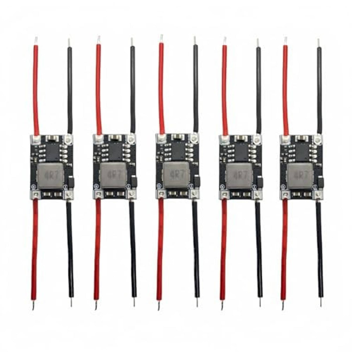 5-pack 3.3V buck converter modules, black PCBs with red and black wire leads