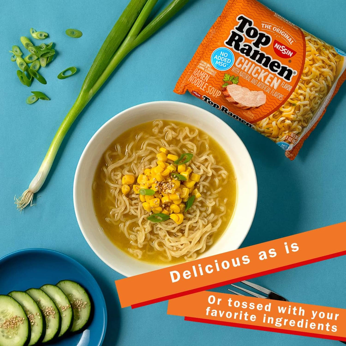 Top Ramen chicken noodle soup bowl with corn toppings and orange noodle packet
