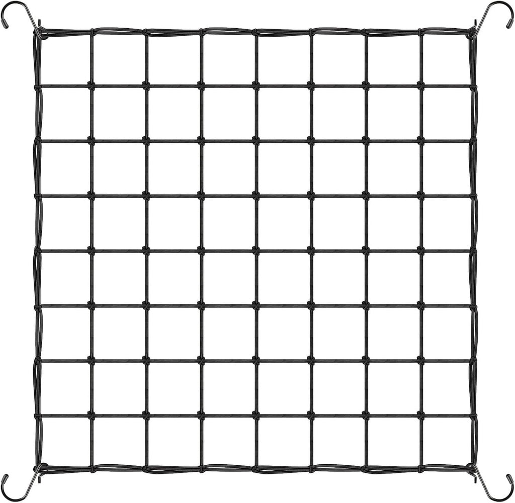 Black square trellis netting panel with reinforced border and four corner hooks