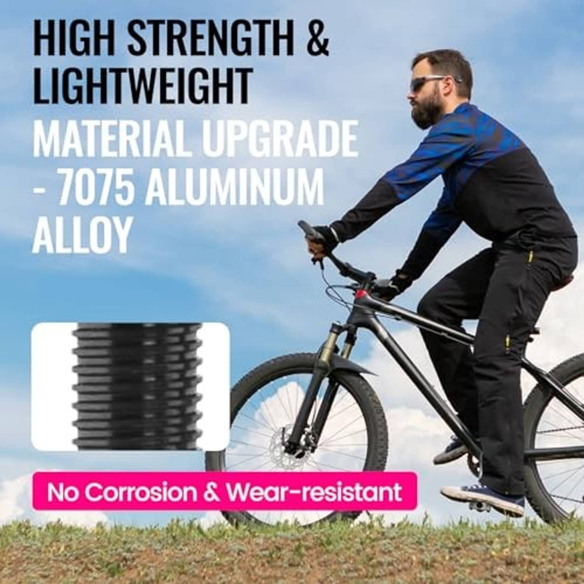 High-strength gray Presta tubeless valve stem close-up with textured metal threads