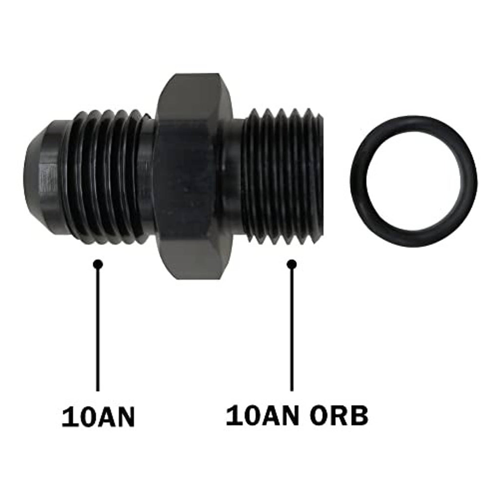 AN fuel fitting adapter with black O-ring and hex flare end connectors