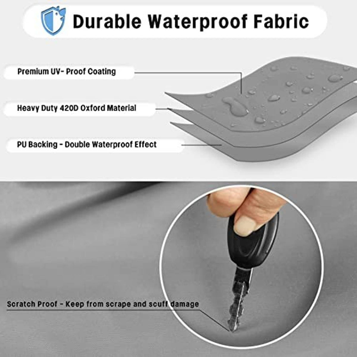 Gray waterproof tire cover fabric panel with raised texture and water droplets