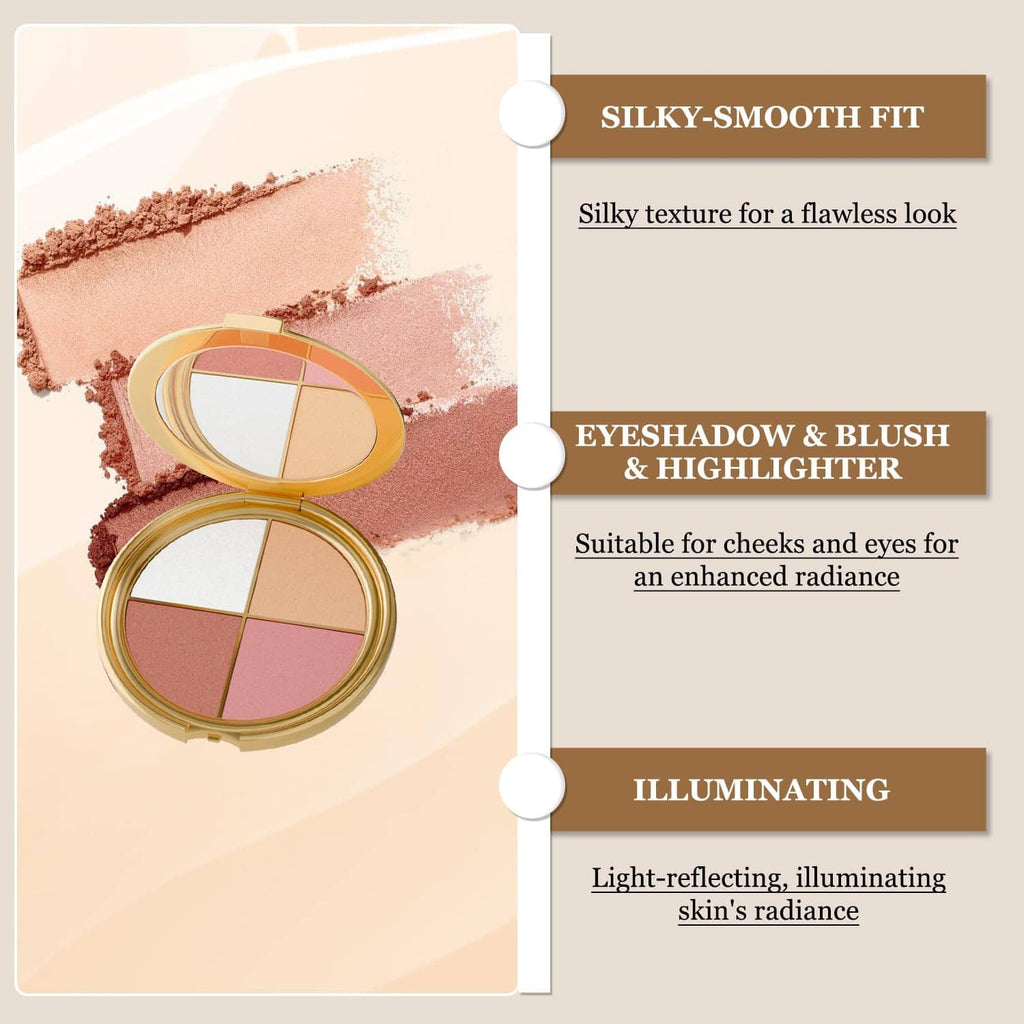 Four-pan eye, blush, and highlighter palette with rose, pink, and nude tones