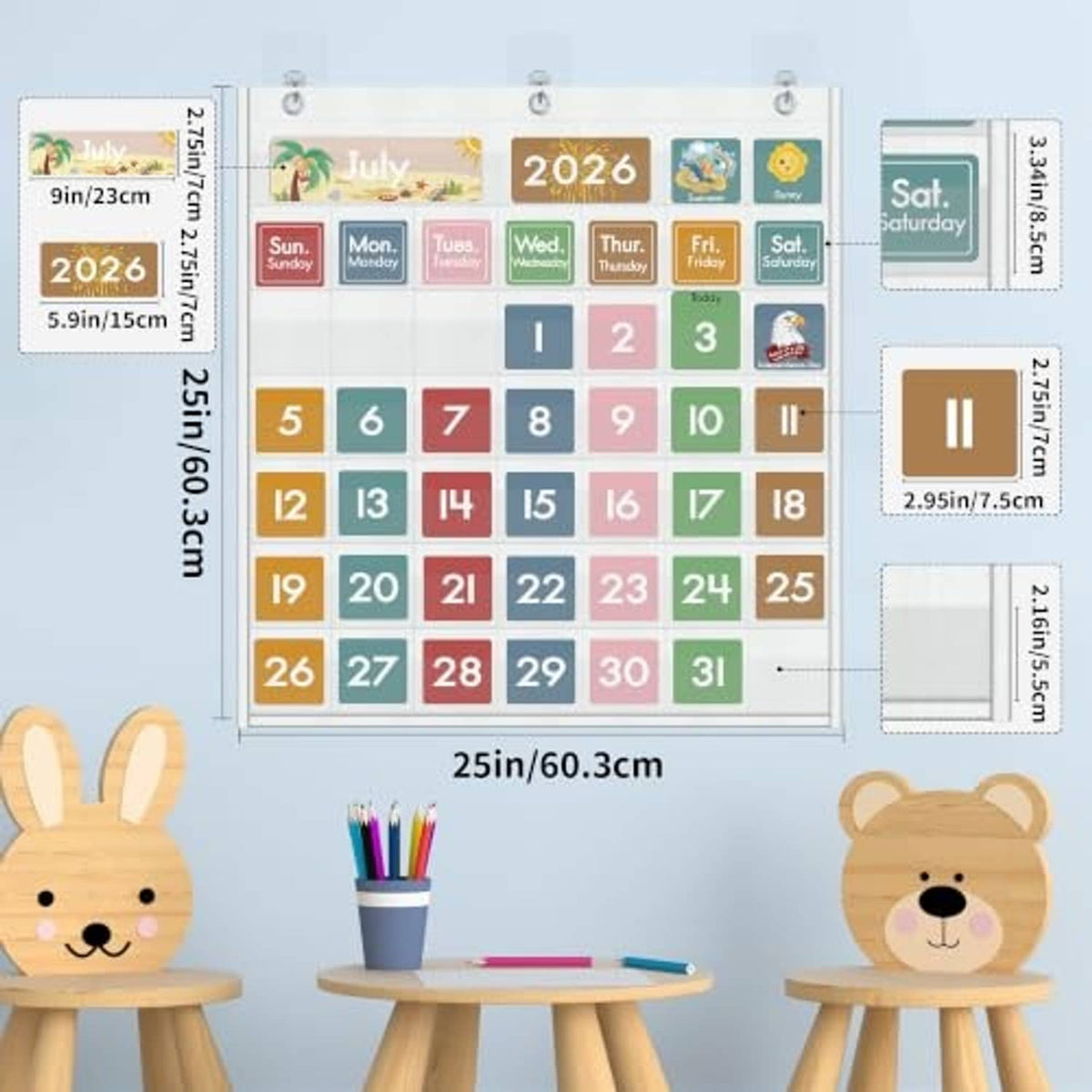 White pocket calendar chart with colorful date pockets and size labels for hanging