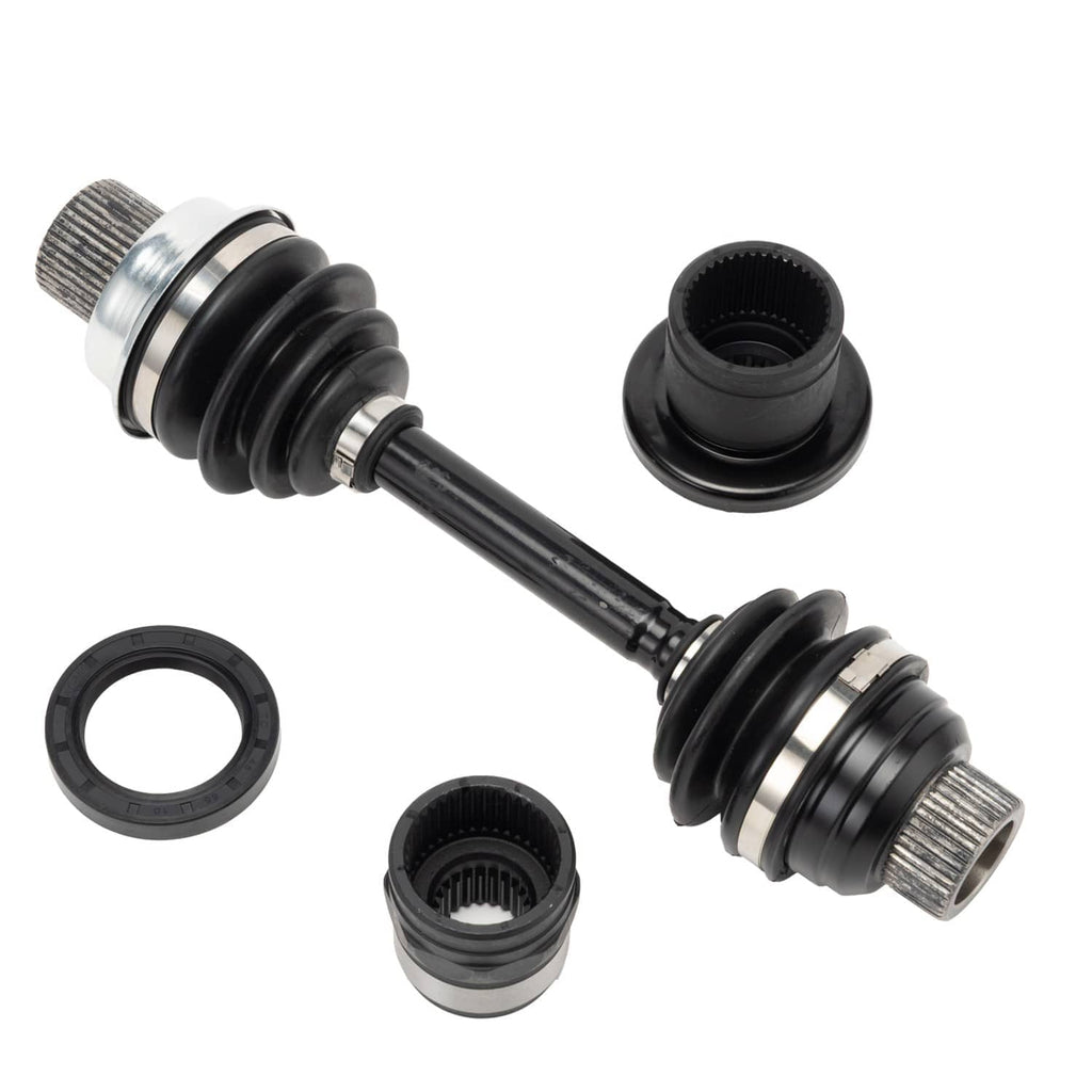 Drive shaft coupler kit with two black boots, metal spline housings, and ring seals.