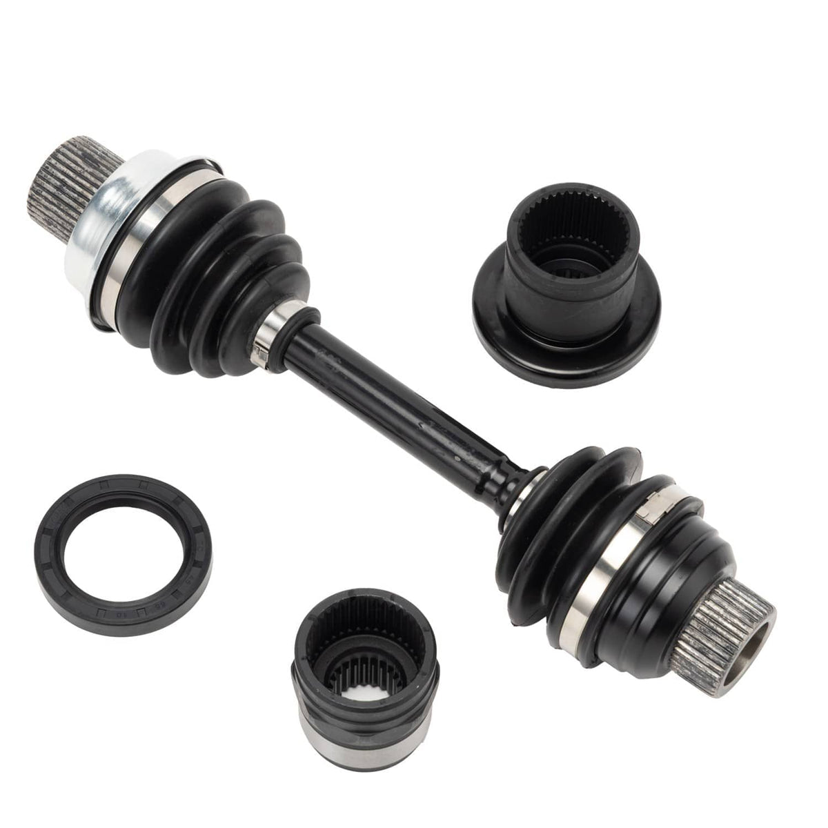 Drive shaft coupler kit with two black boots, metal spline housings, and ring seals.