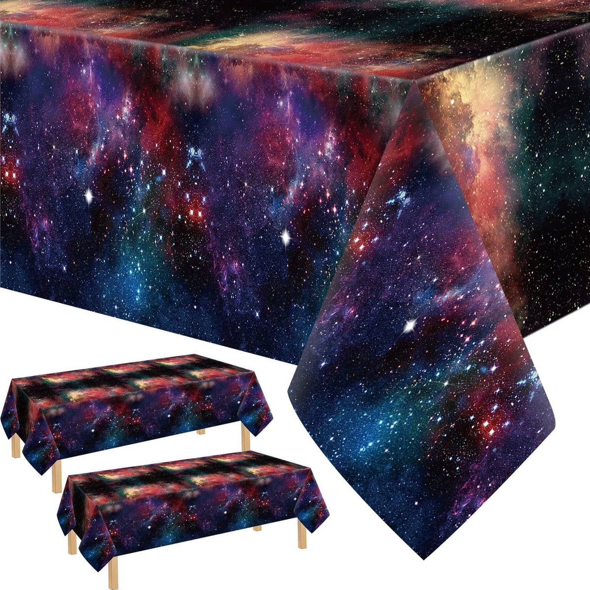 Galaxy starry space disposable plastic tablecloth, dark nebula print with star accents