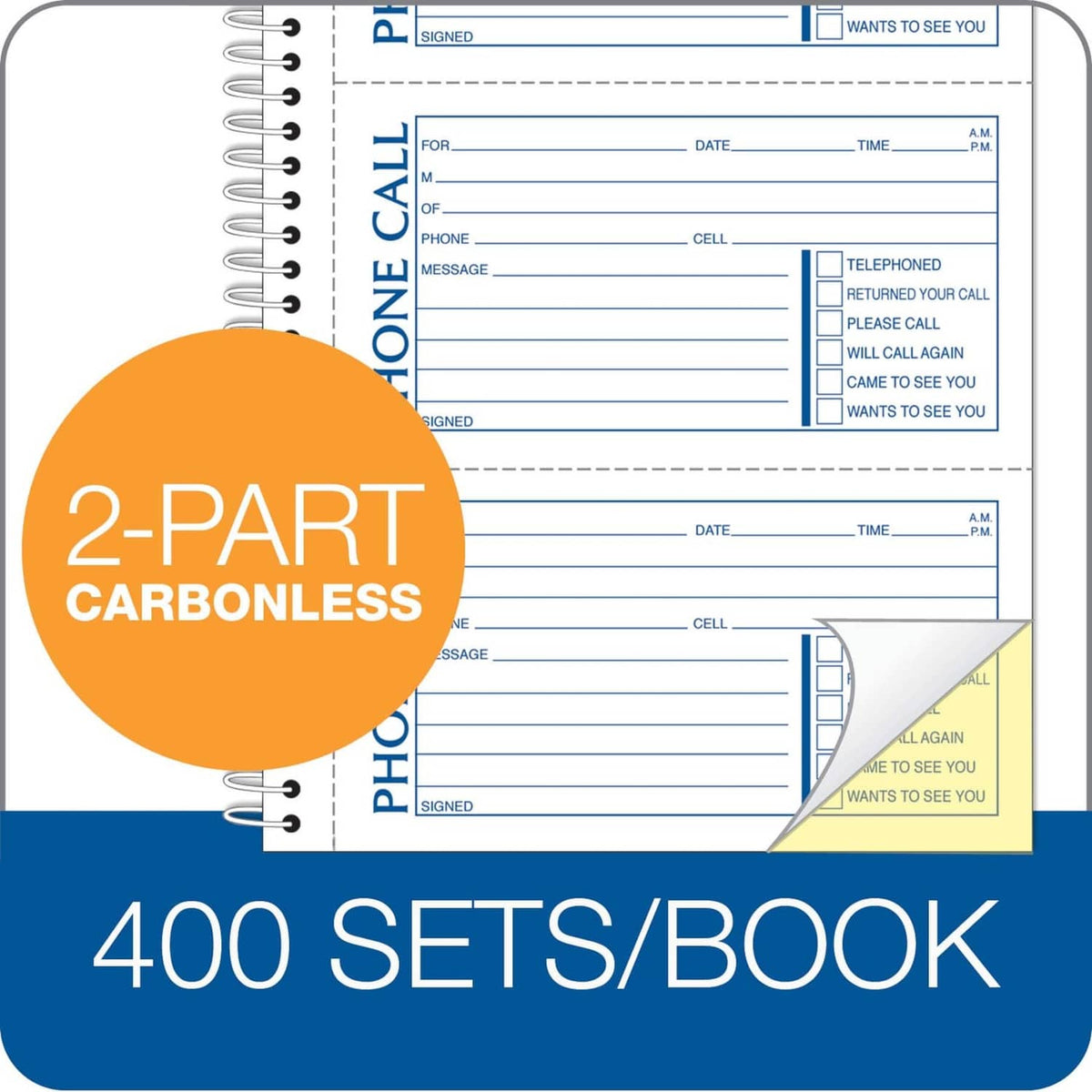 Spiral phone message book, carbonless 2-part layout, 400 sets per book