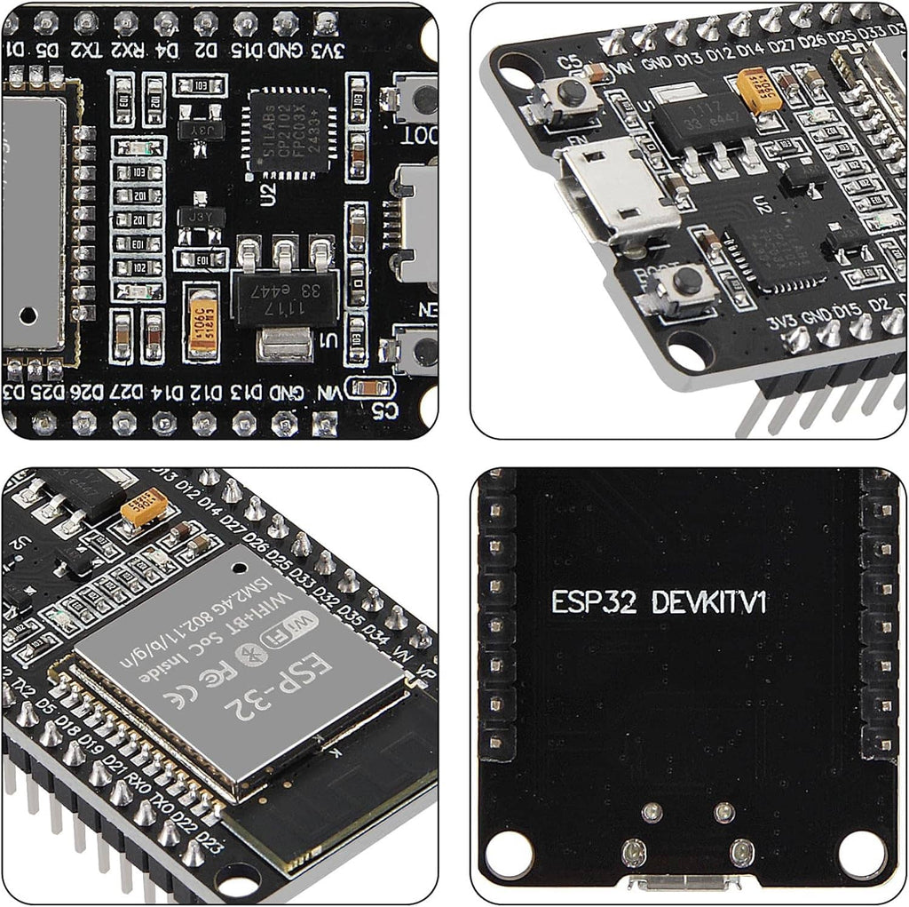 Close-up of ESP-32 dev board PCB traces, chip area, and pin connectors