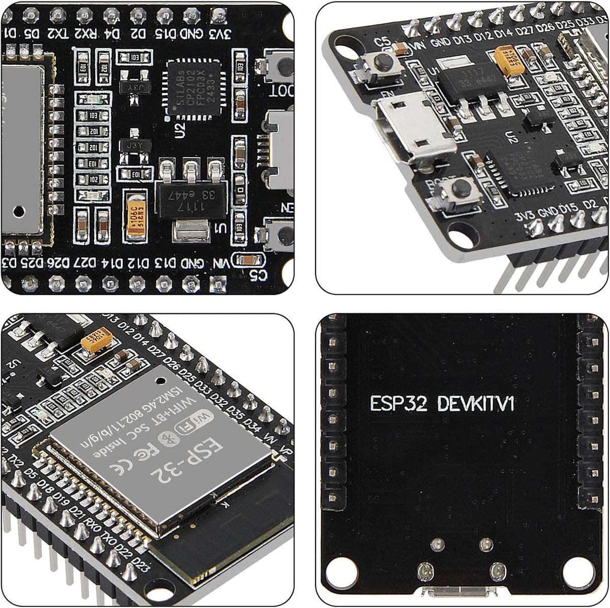 Close-up of ESP-32 dev board PCB traces, chip area, and pin connectors