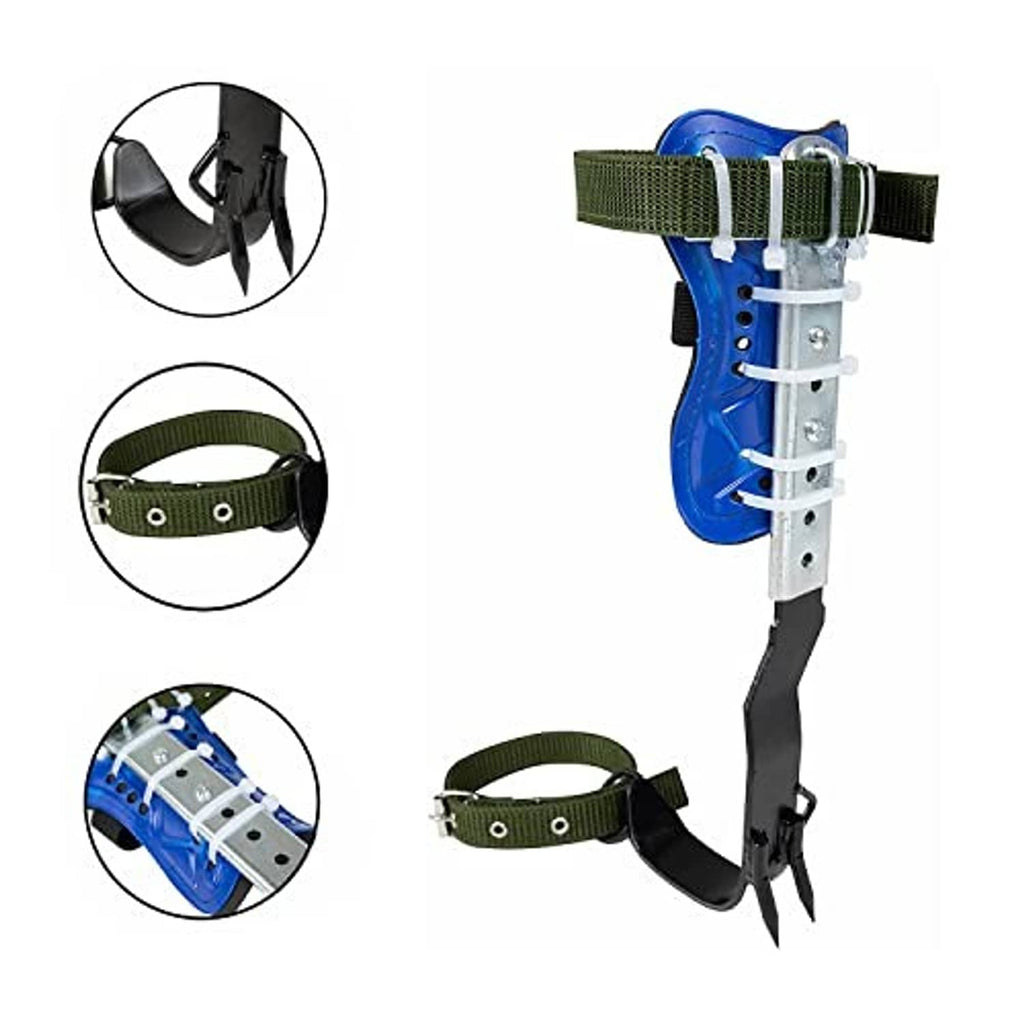 Tree climbing spikes with blue foot pads, green straps, black ankle guards, pointed heels