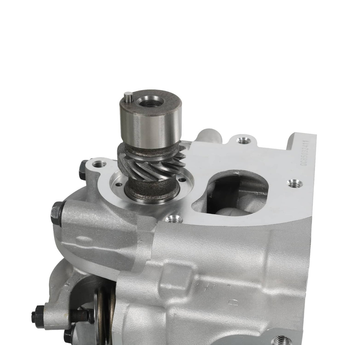 Cylinder head side view with cam gear housing and valve components, metallic silver