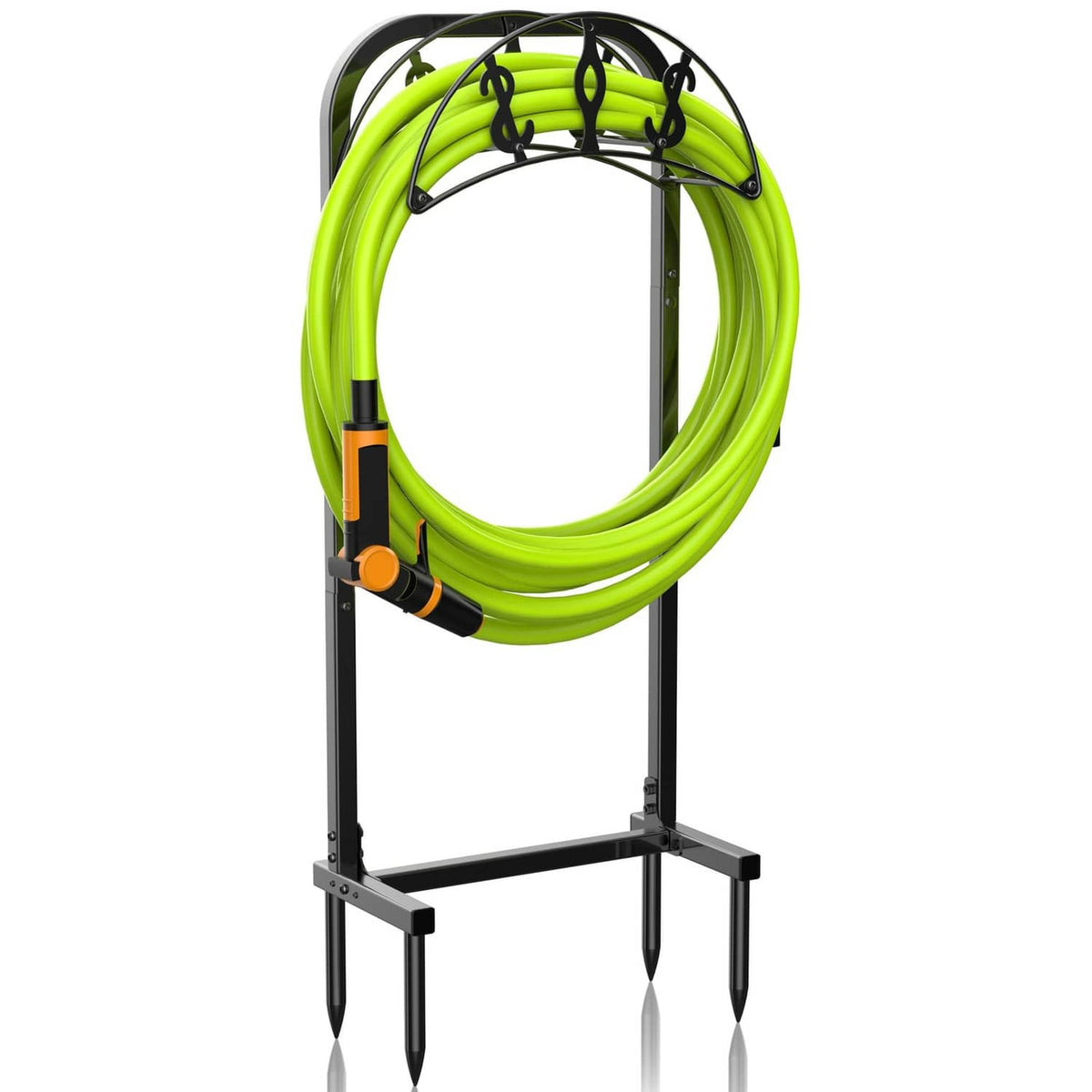 Freestanding garden hose holder with lime green hose coiled on black stand, four hooks