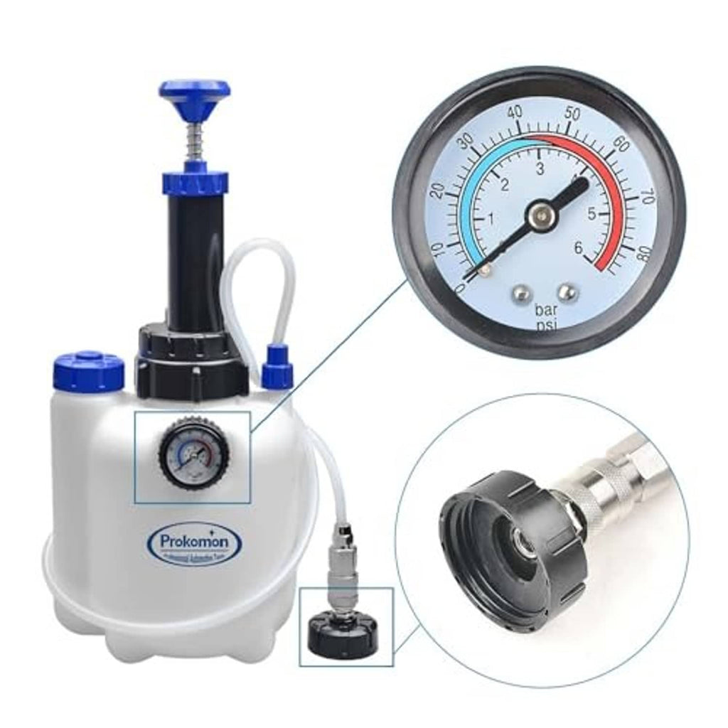 Brake bleeder pump with pressure gauge and adapter fittings with quick connector