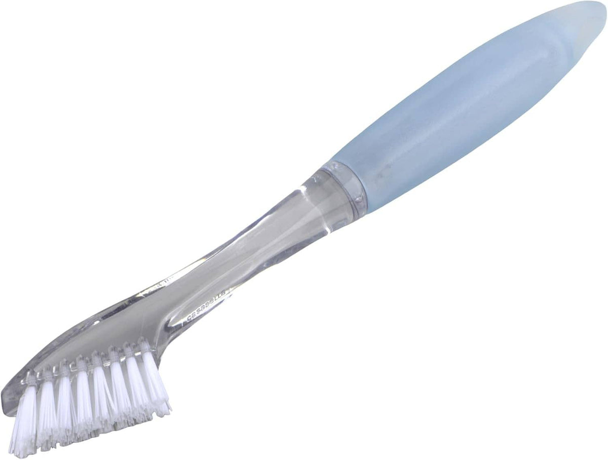 Aqua-handled grout brush with white bristles, clear head, angled