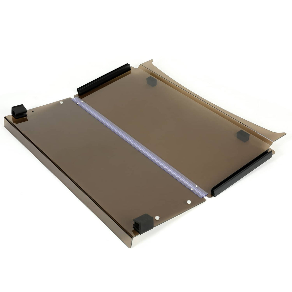 Tinted folding down windshield with silver support rails and black base brackets