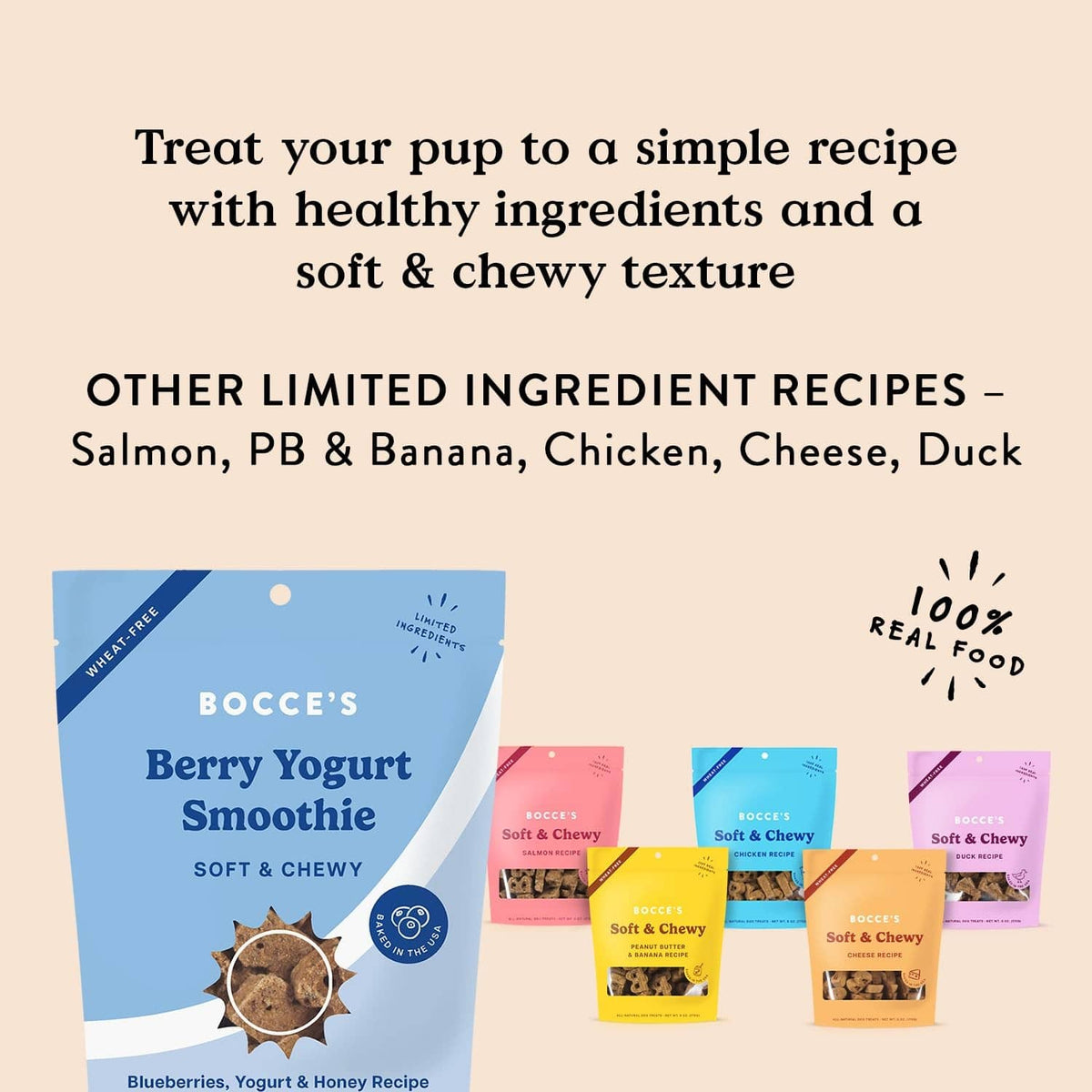 Berry yogurt smoothie dog treat pouch plus other limited ingredient recipe pouches