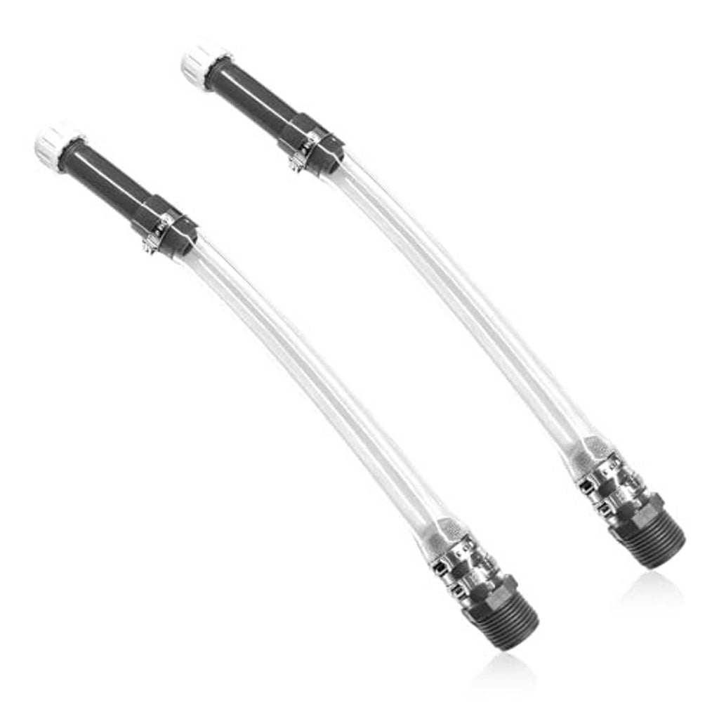 Two clear fuel filler hoses with black ends and metal connectors, close-up angle