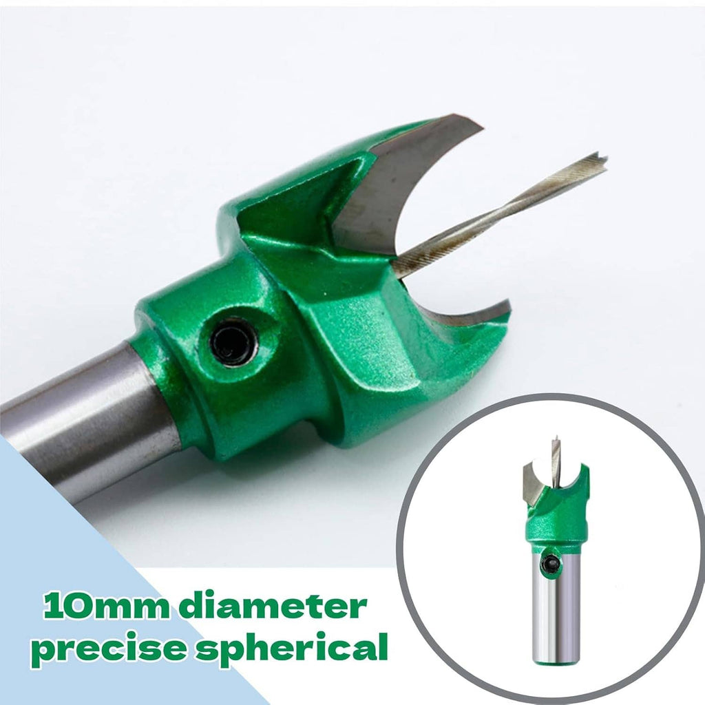 Green router bit head close-up with carbide cutters and silver cylindrical shaft