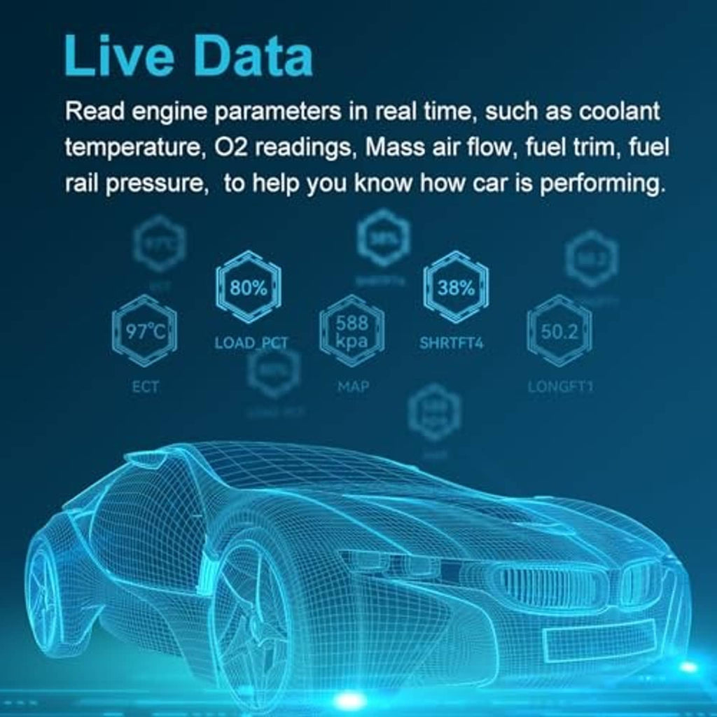 Car OBD2 diagnostic scanner tool with color display showing live data
