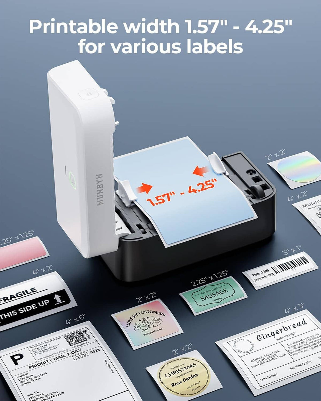 Compact thermal label printer showing label feed width and output tray