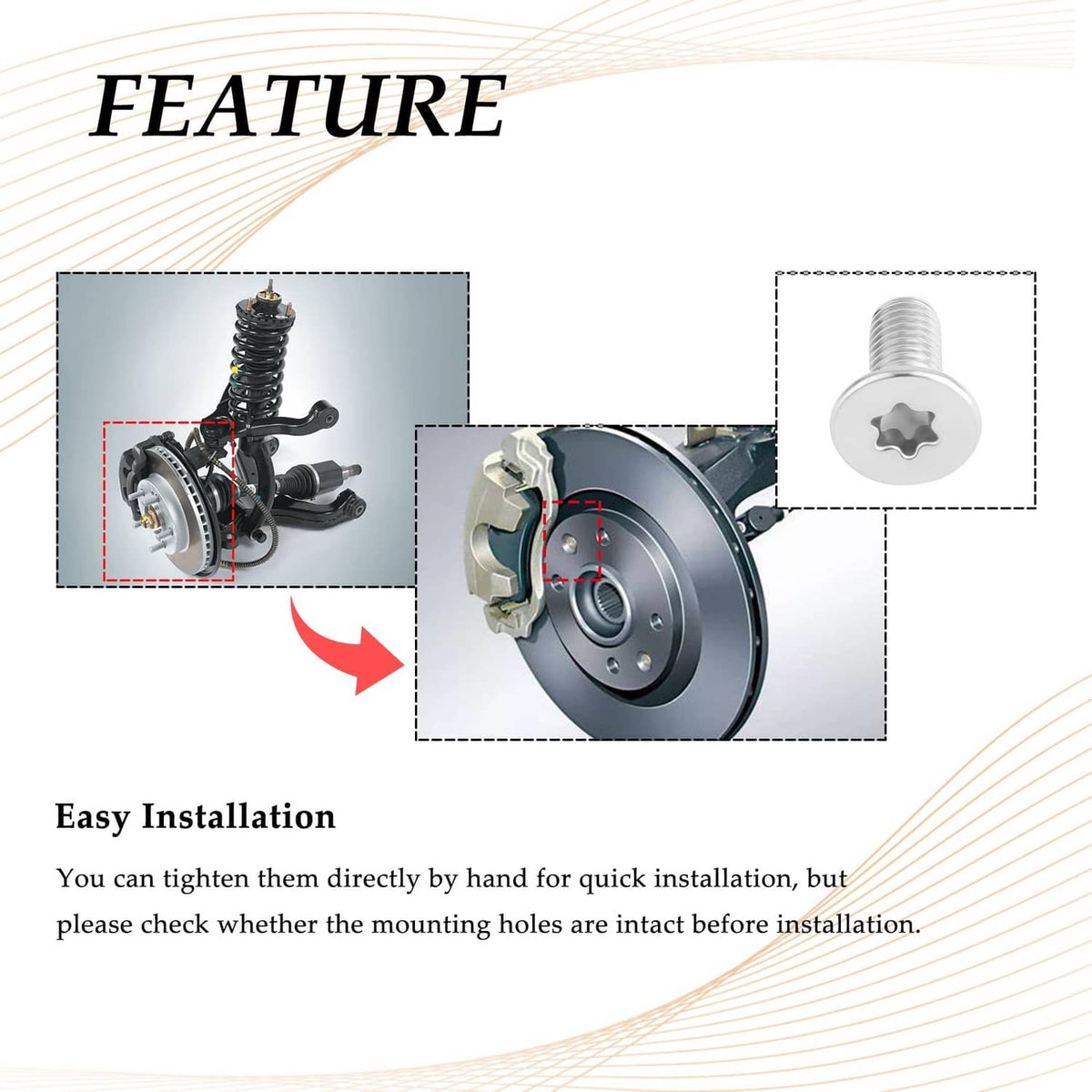 Brake rotor screw installed on brake hub, silver threaded shaft with white head