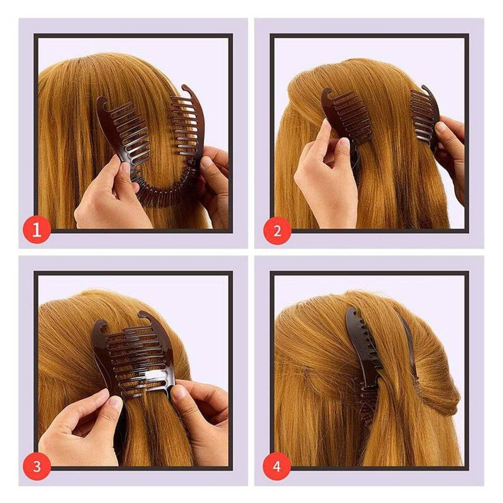 Hands using a dark brown banana hair clip to secure hair in four steps