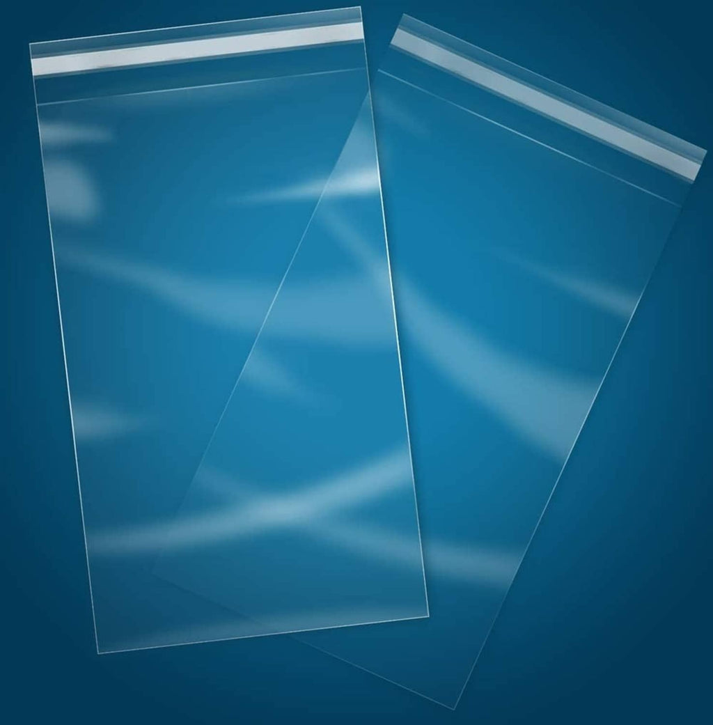 Clear self-sealing cellophane bags, small size, stack of bags