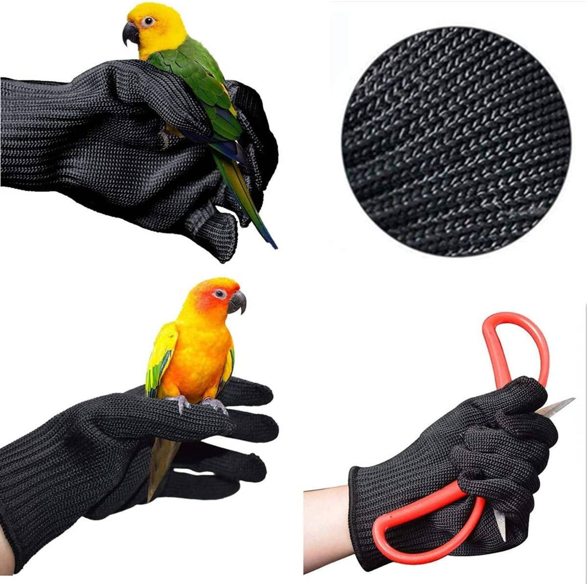 Black bird-handling gloves with red leash clip; textured knit close-up views