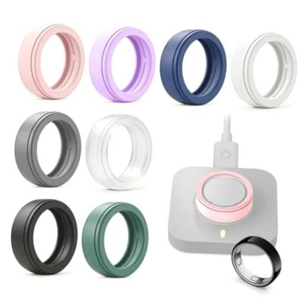 Set of silicone smart ring covers in multiple colors, shown laid out