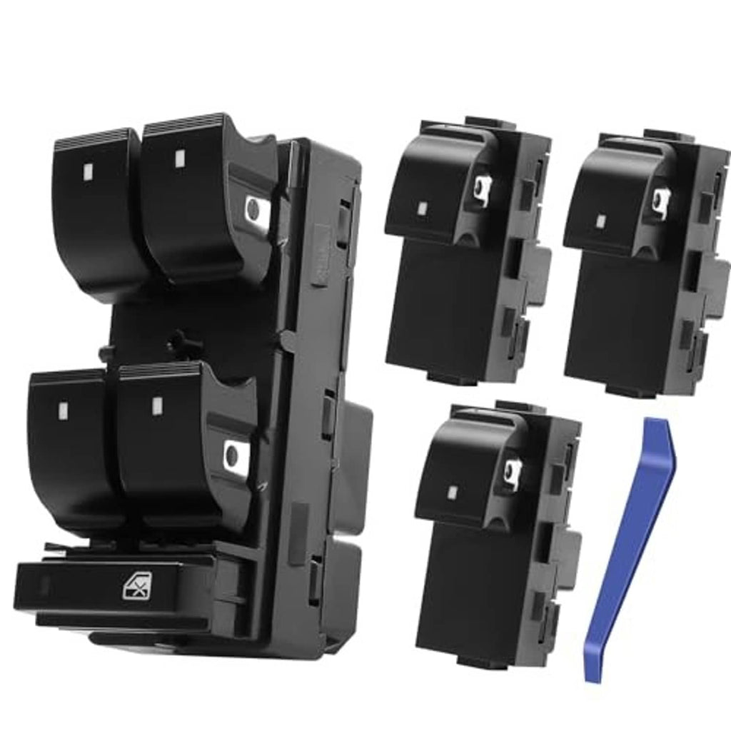 Power window switch kit showing four black rocker switches and gray connector housings