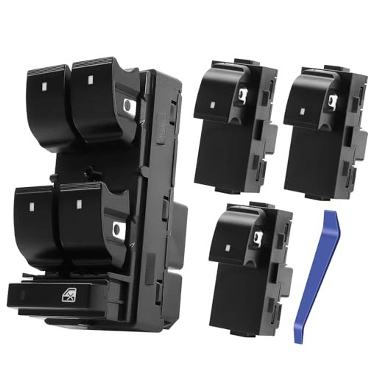 Power window switch kit showing four black rocker switches and gray connector housings