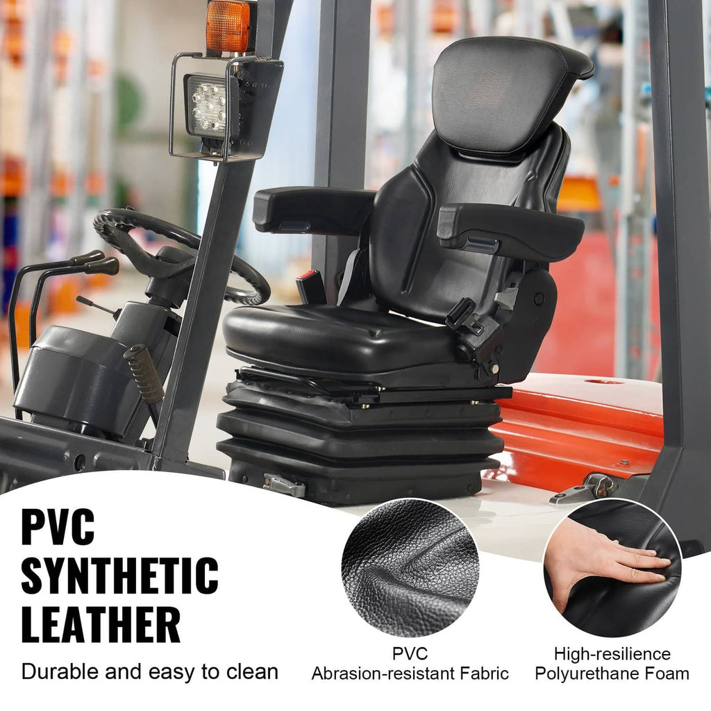 Black synthetic leather forklift seat with textured upholstery and durable foam padding