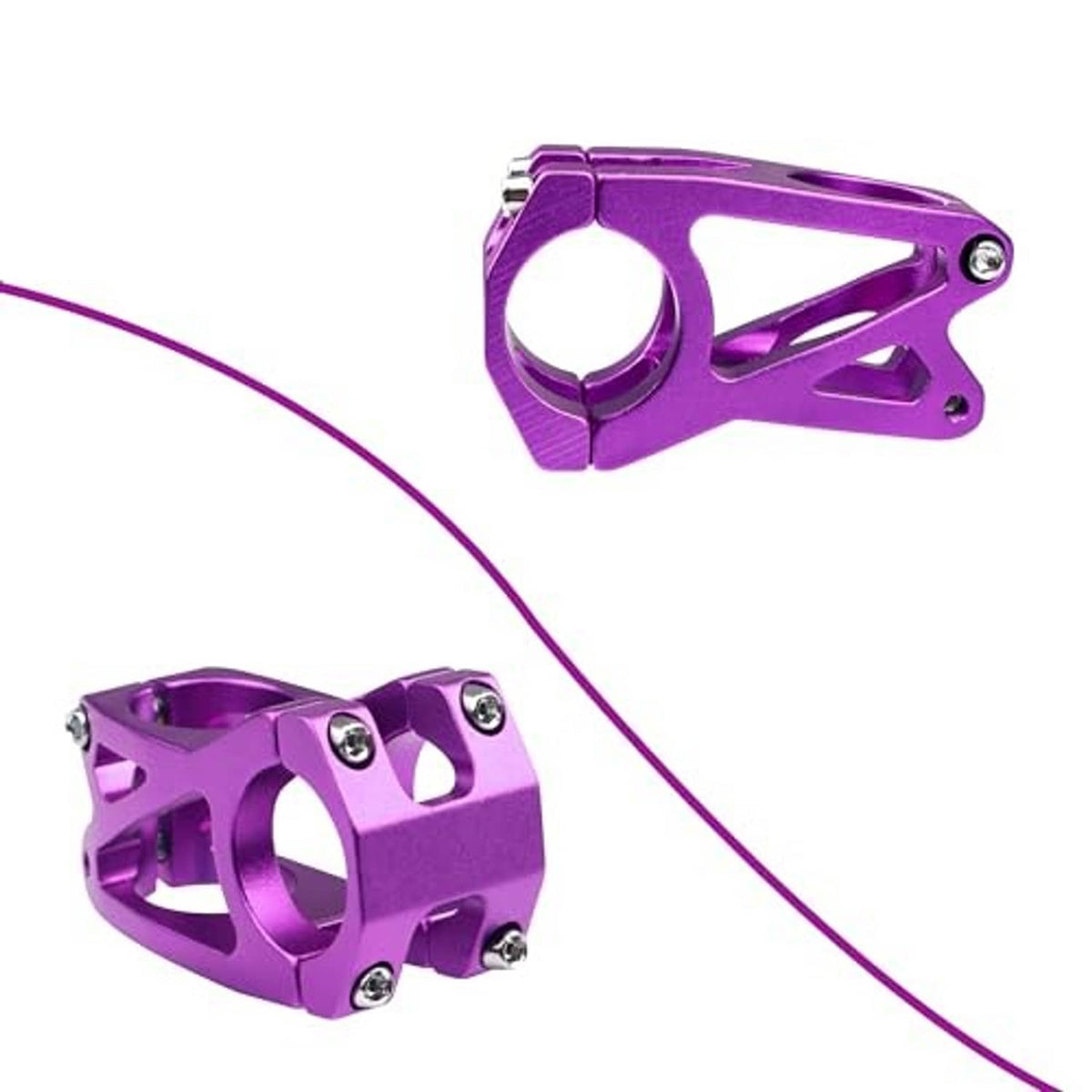 Purple short bike stem shown from side with clamp bolts and cutout design