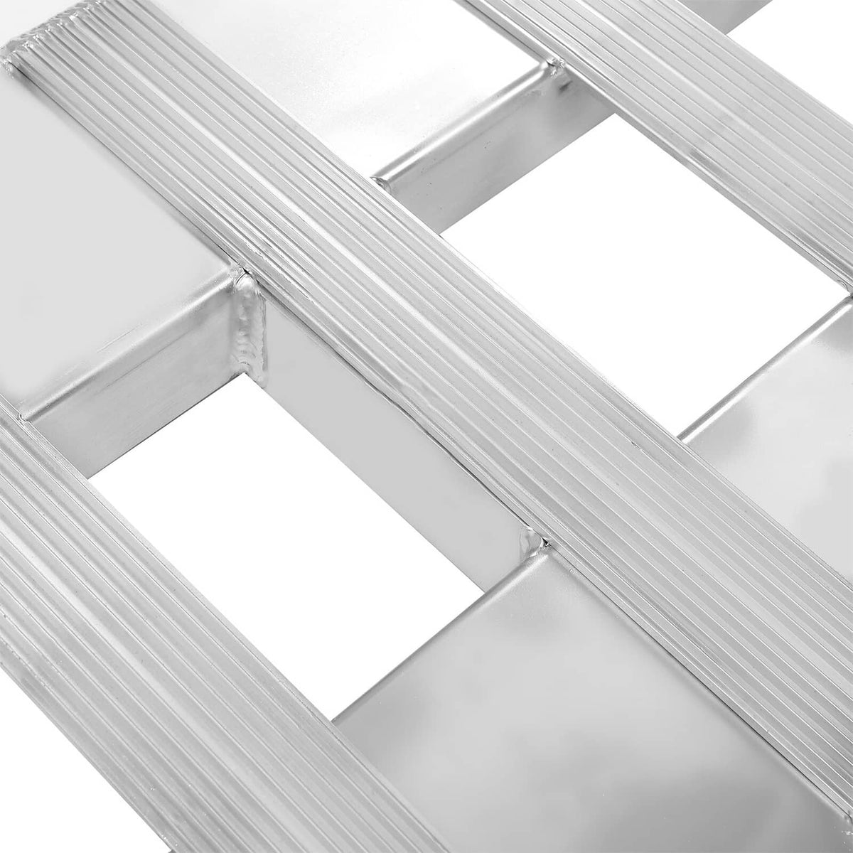 Close-up of aluminum ramp rungs and support braces between side rails