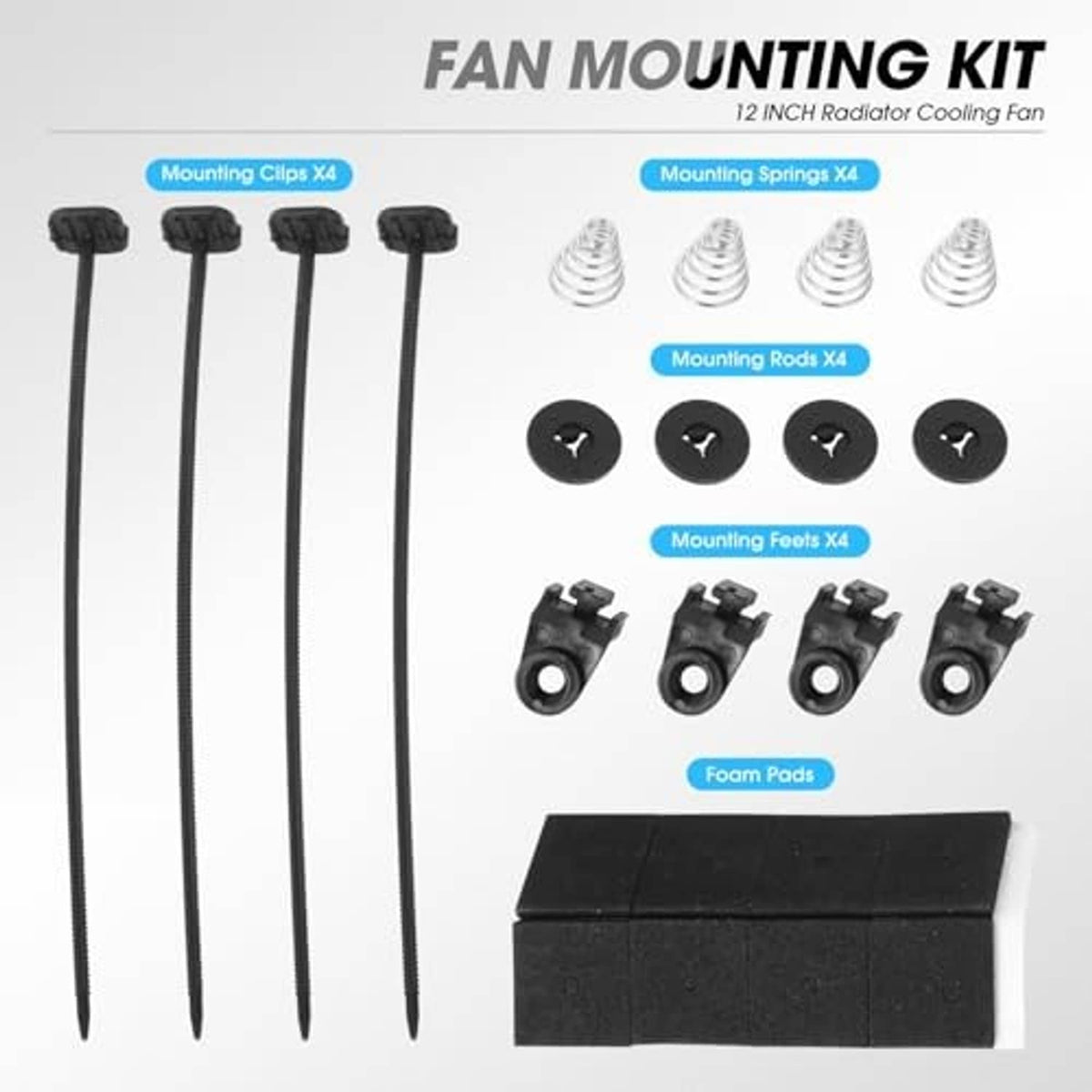 12-inch radiator cooling fan mounting kit: clips, springs, rods, feet, foam pads