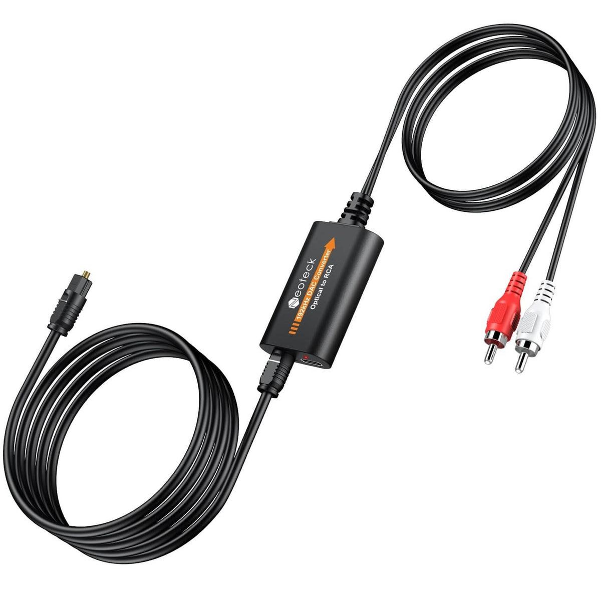 Neoteck optical SPDIF to RCA DAC converter with attached cable and RCA audio cords