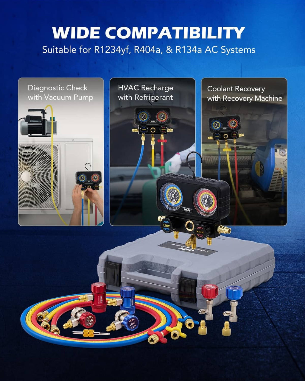 Manifold gauge set with hoses and threaded adapters for R1234yf, R404a, R134a