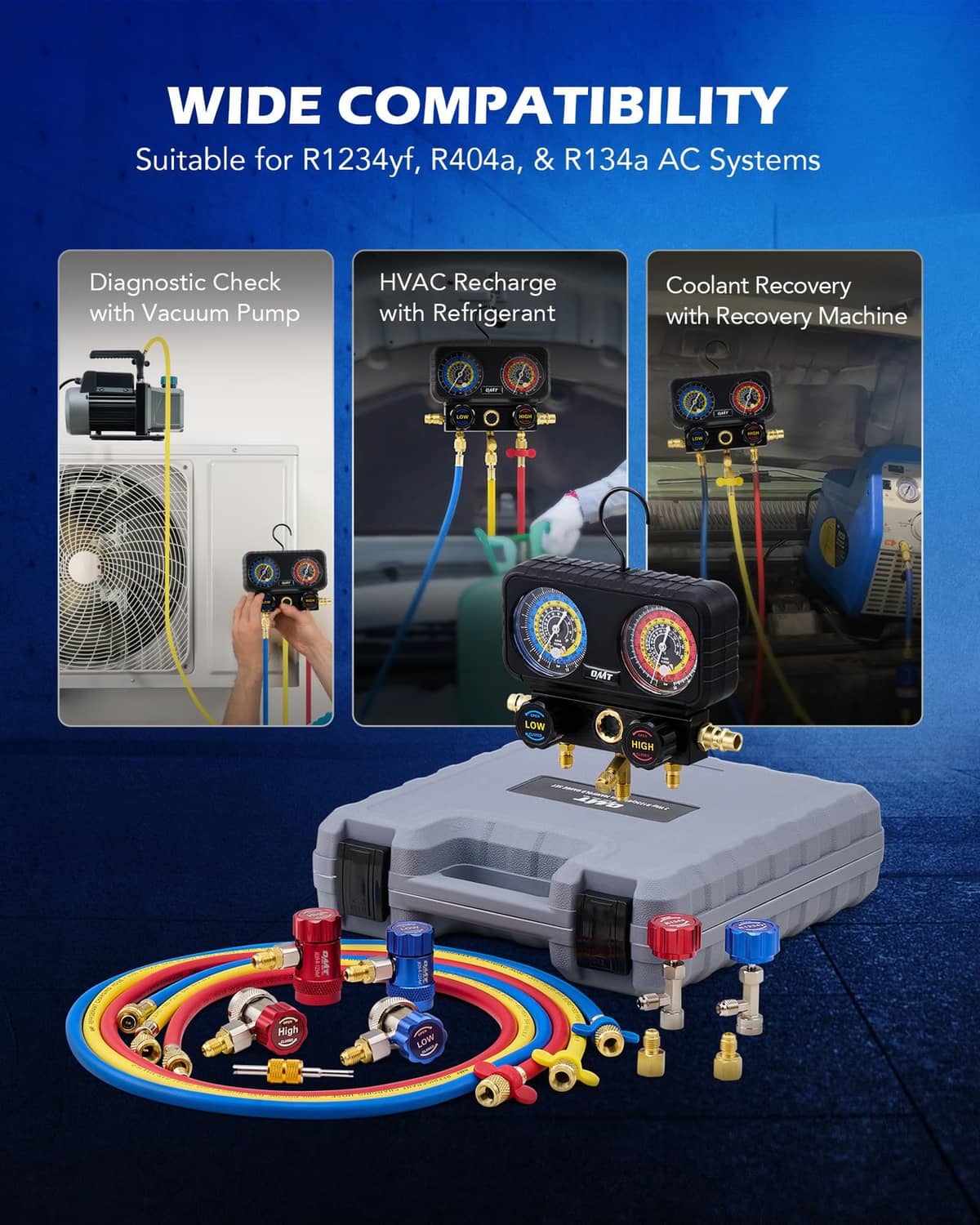 Manifold gauge set with hoses and threaded adapters for R1234yf, R404a, R134a