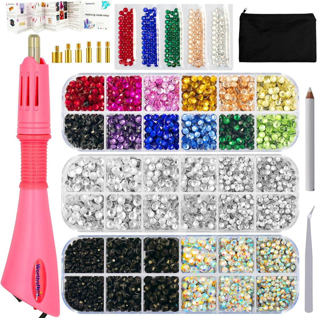 Hot-fix rhinestone applicator kit with pink tool, multi-color rhinestone sets, zipper bag