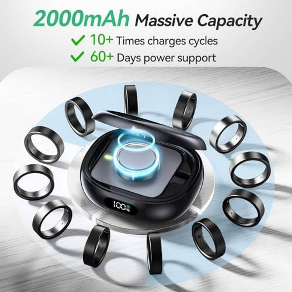Black charging case with illuminated ring charging area and 100% indicator