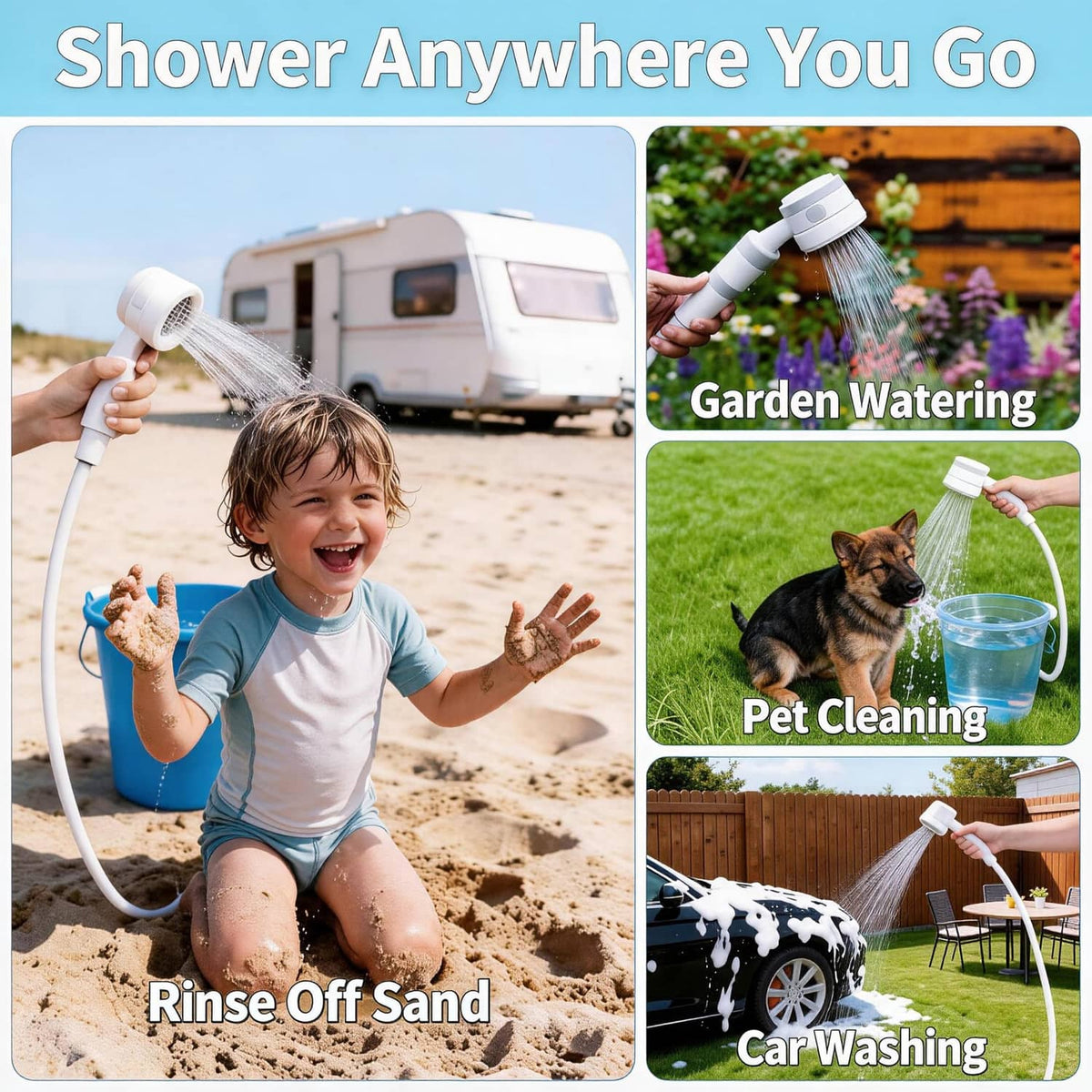 Handheld portable shower pump head with flexible hose for rinsing, blue and white