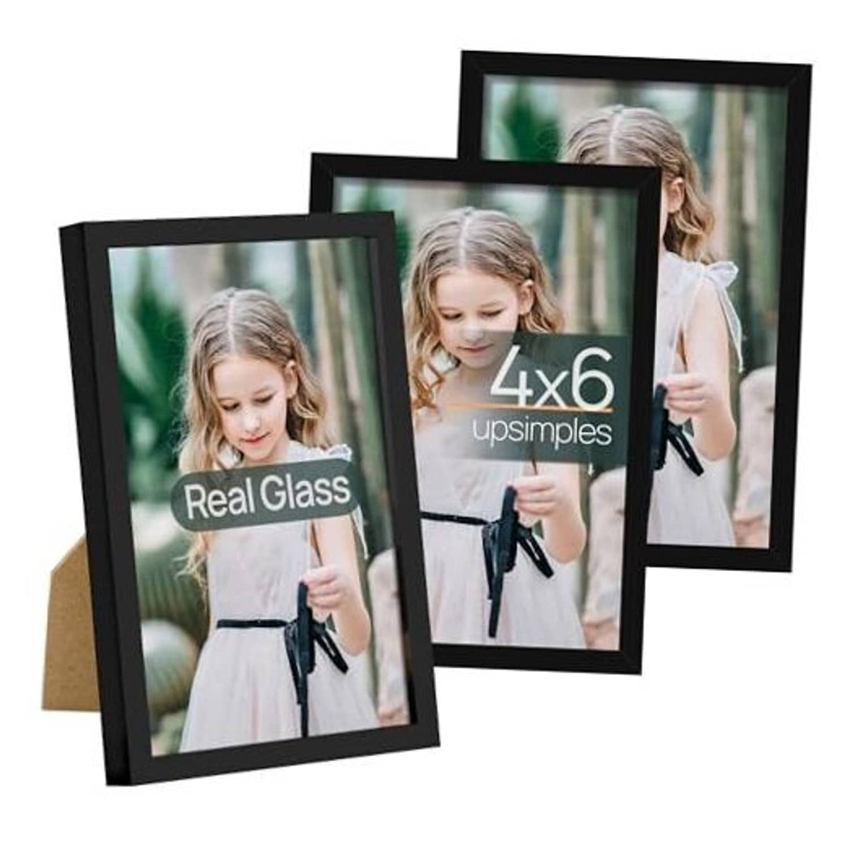 Black 3-pack picture frames with clear glass, holding 4x6 photos in portrait view