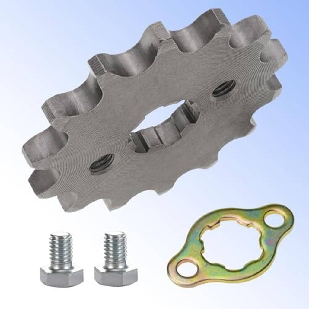 Front engine sprocket set: gray sprocket, two bolts, and green/yellow mounting plate